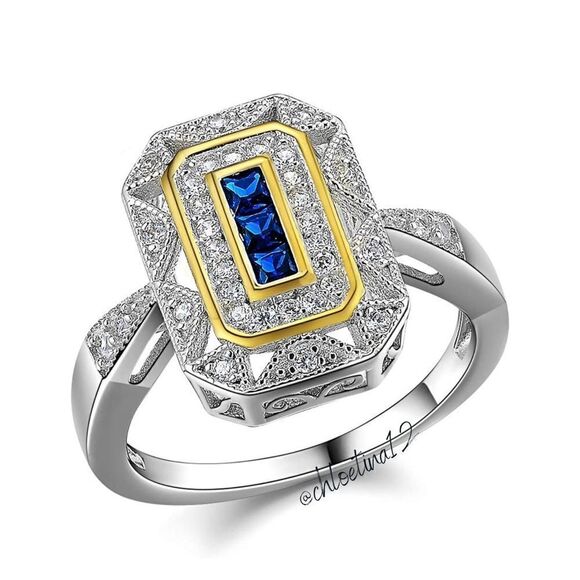 Vintage Rings for Women Gemstone Ring 925 Sterling Silver Blue Sapphire Princess - Picture 4 of 8
